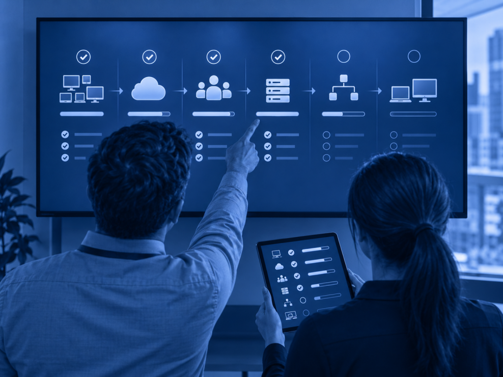 IT professionals reviewing a structured technology transition