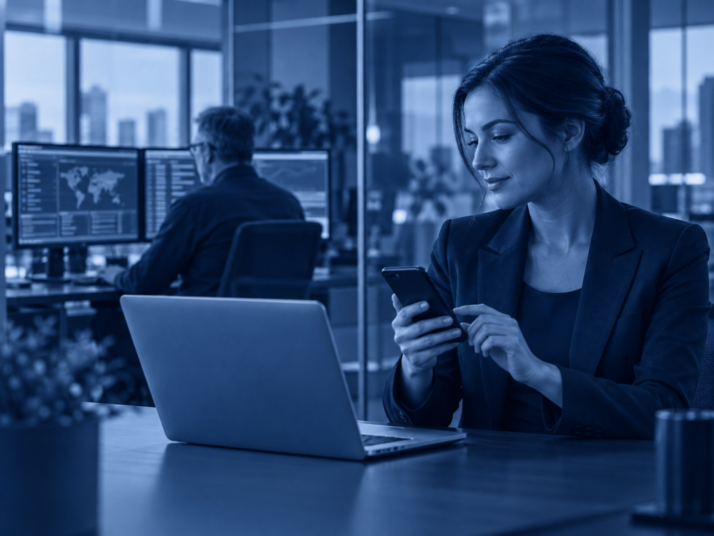 Business employee securely accessing company systems while IT protection is monitored in the background