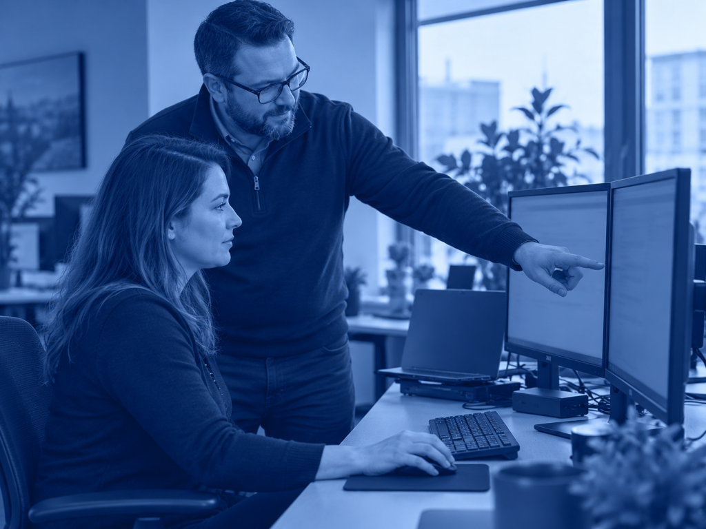 IT professional helping an employee at her workstation