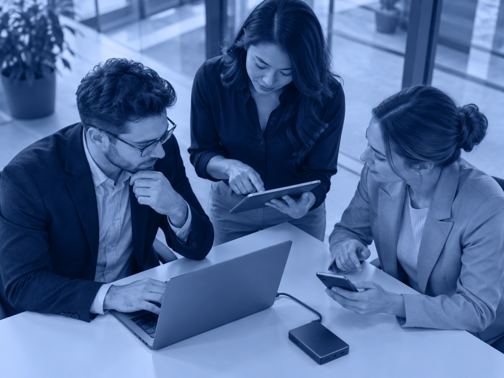 Employees collaborating across a laptop, tablet and mobile phone using connected business technology