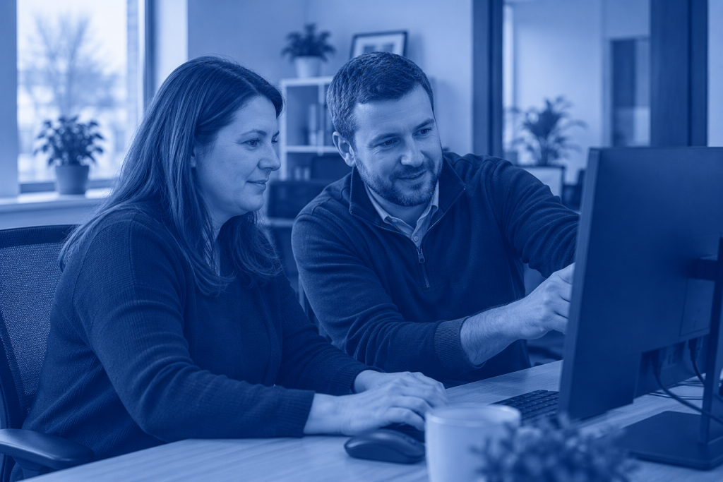 IT professional helping an employee manage her business computer
