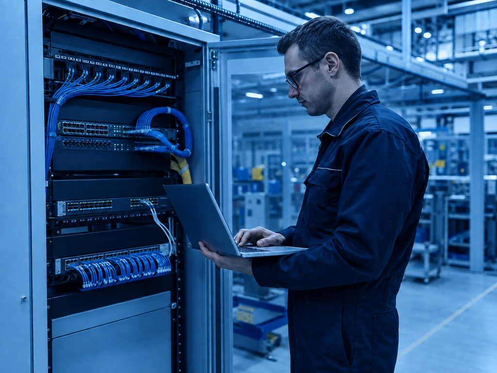 Technician managing an industrial network cabinet