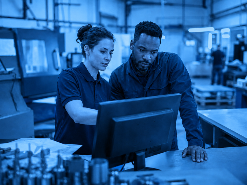 Manufacturing employees reviewing business systems