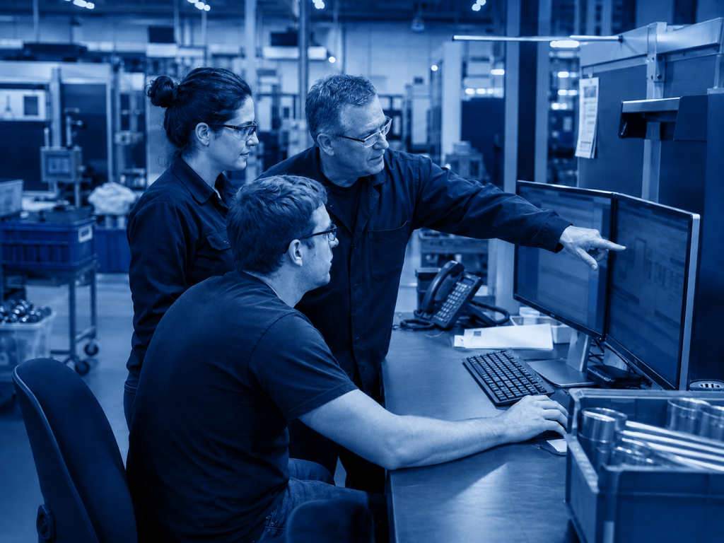 Manufacturing employees reviewing production information