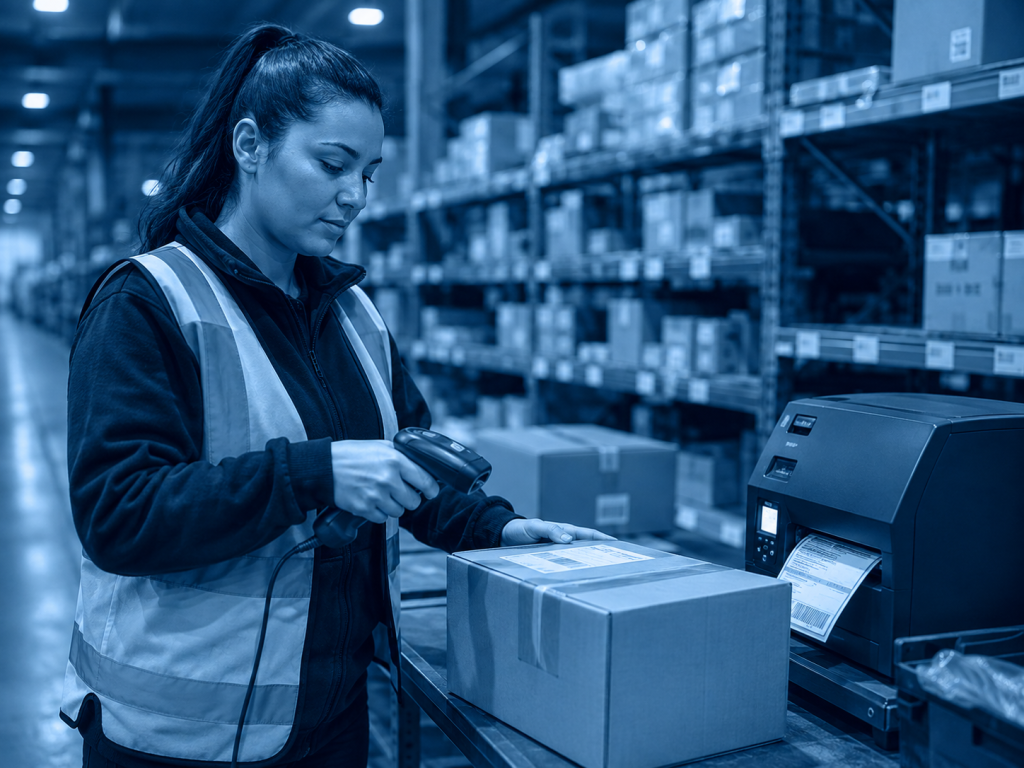 Warehouse employee using a handheld barcode scanner