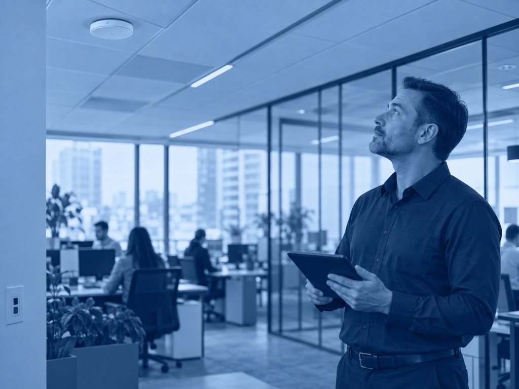 IT professional checking office connectivity beneath a wireless access point
