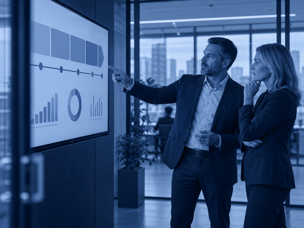 echnology advisor reviewing a long-term business technology plan with a client